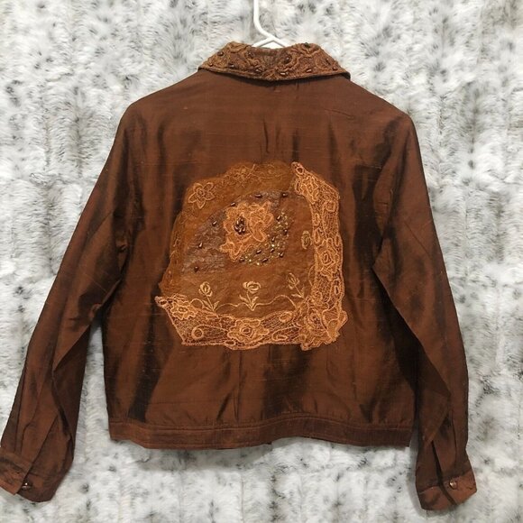 Daniel K New York Womens Embroidered Applique Silk Jacket Medium Rust - Picture 2 of 9